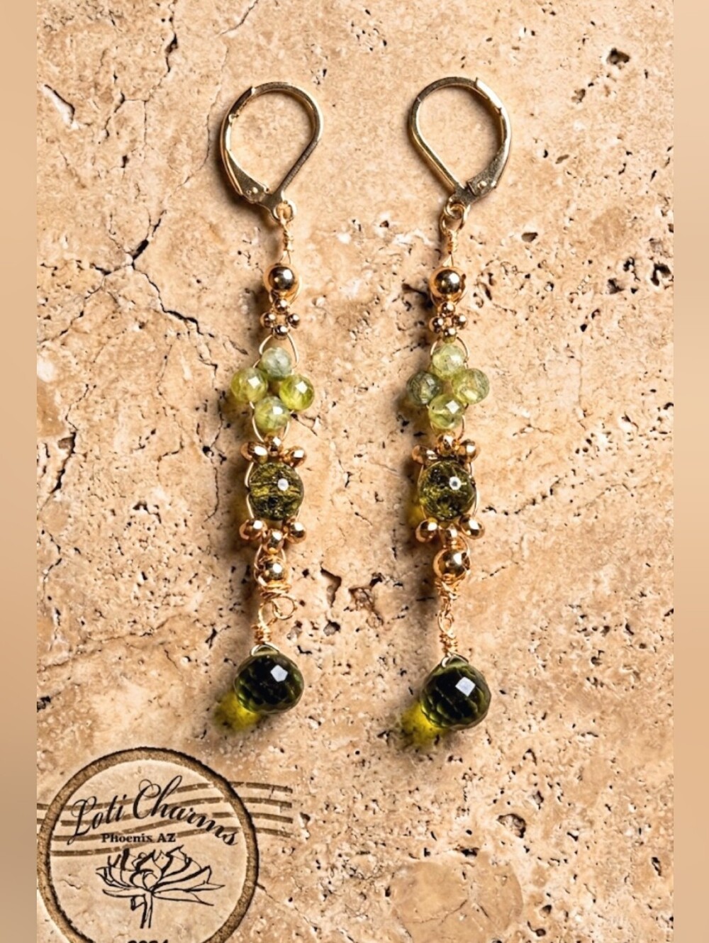 Genuine Peridot In Handwoven Handmade Artisan Long Drop Gold Plated Earrings